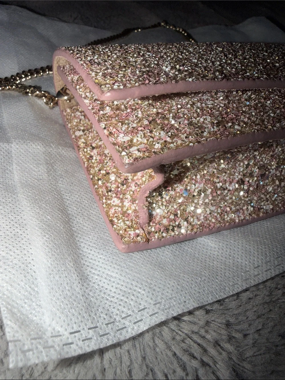 Preloved Jimmy Choo Pink Glitter Chain Clutch with Gold-Tone Hardware never worn